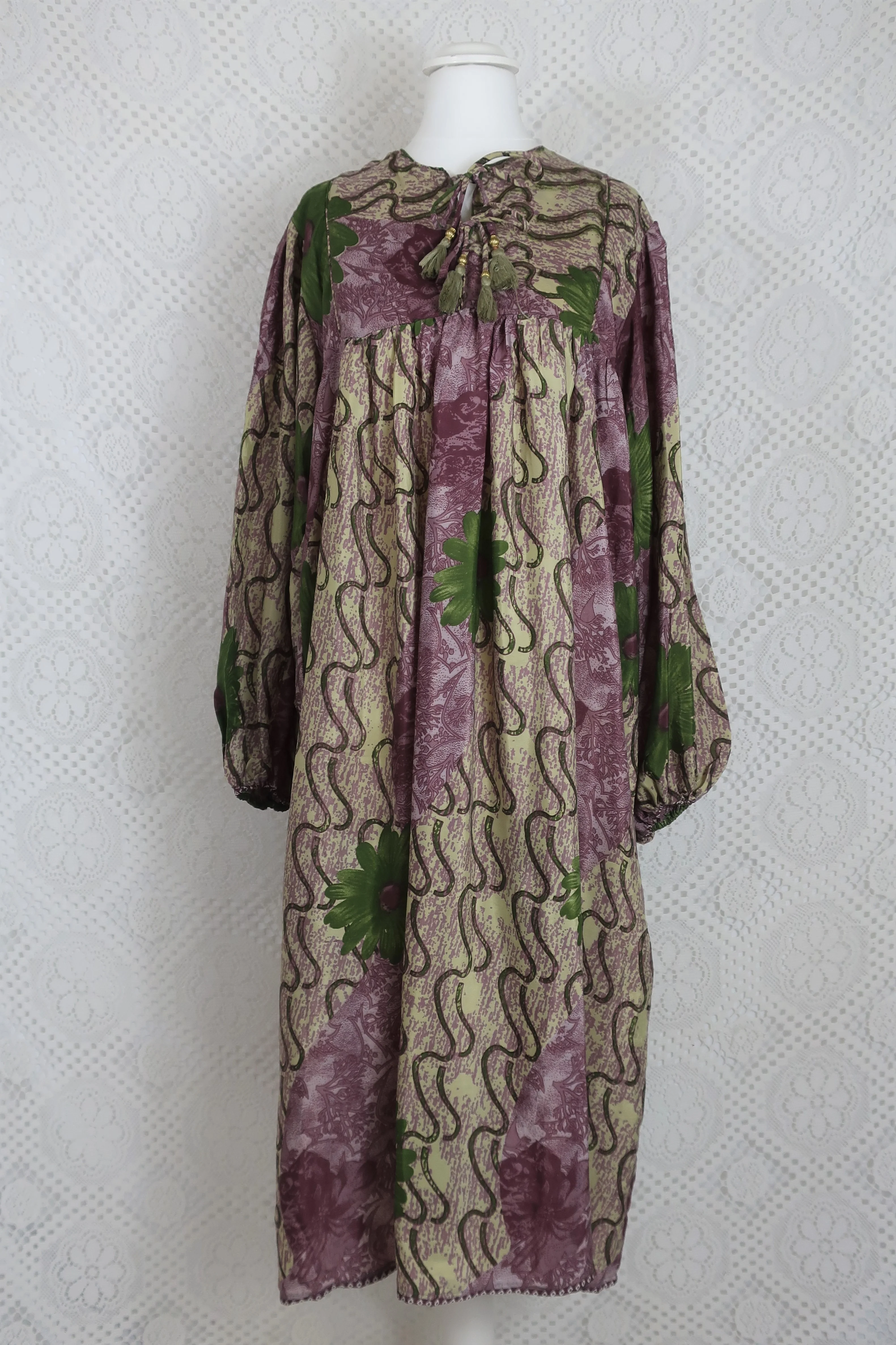 Daphne Smock Dress - Vintage Indian Sari - Cream, Mauve & Green Floral - S/M - Image 2