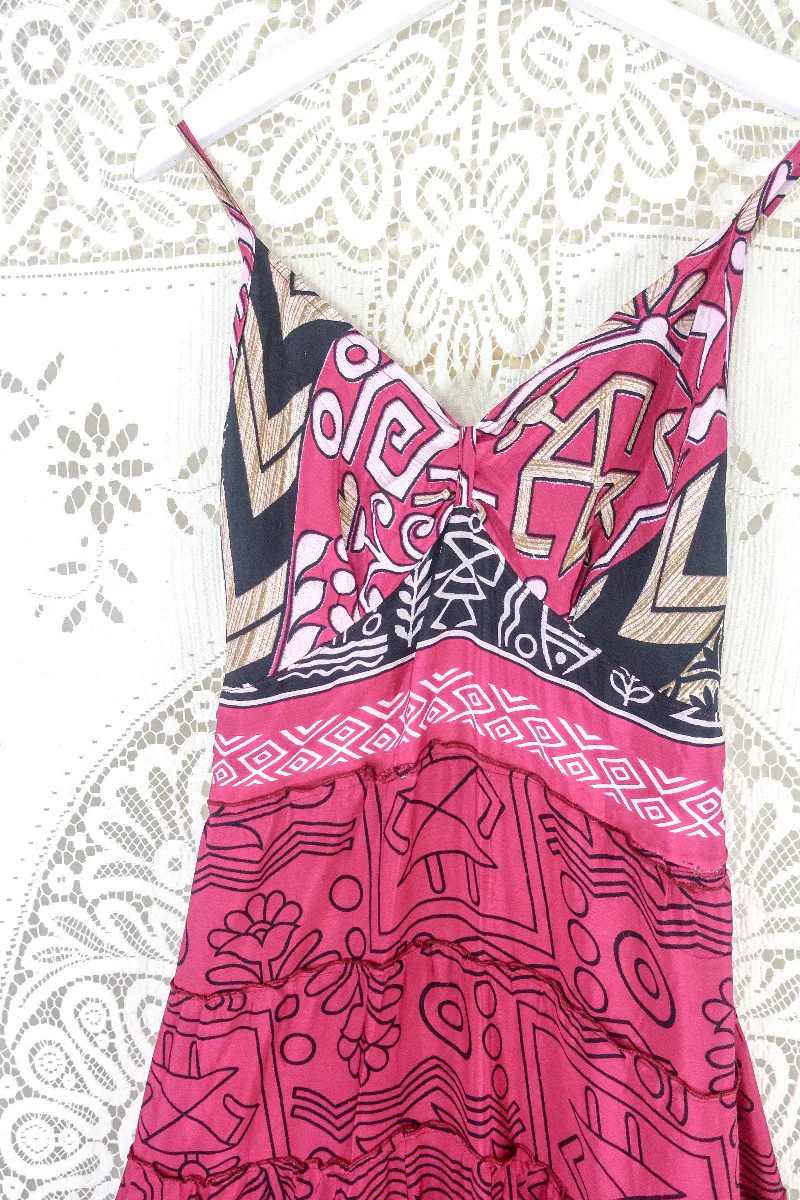 Delilah Maxi Dress - Blazing Pink & Black Graphic Print - Vintage Sari - Free Size M/L - Image 3