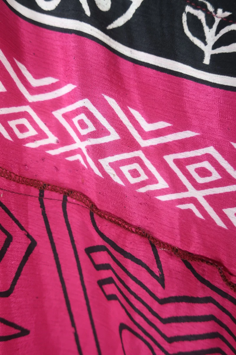 Delilah Maxi Dress - Blazing Pink & Black Graphic Print - Vintage Sari - Free Size M/L - Image 4