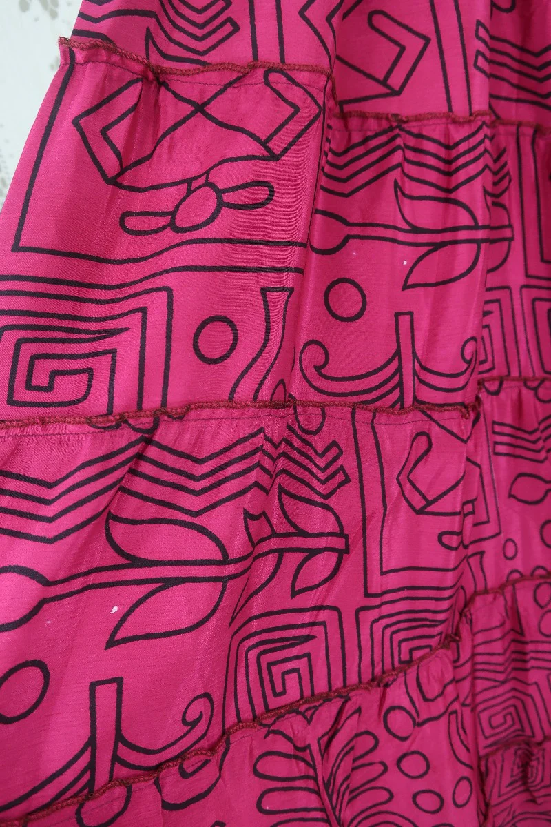 Delilah Maxi Dress - Blazing Pink & Black Graphic Print - Vintage Sari - Free Size M/L - Image 5