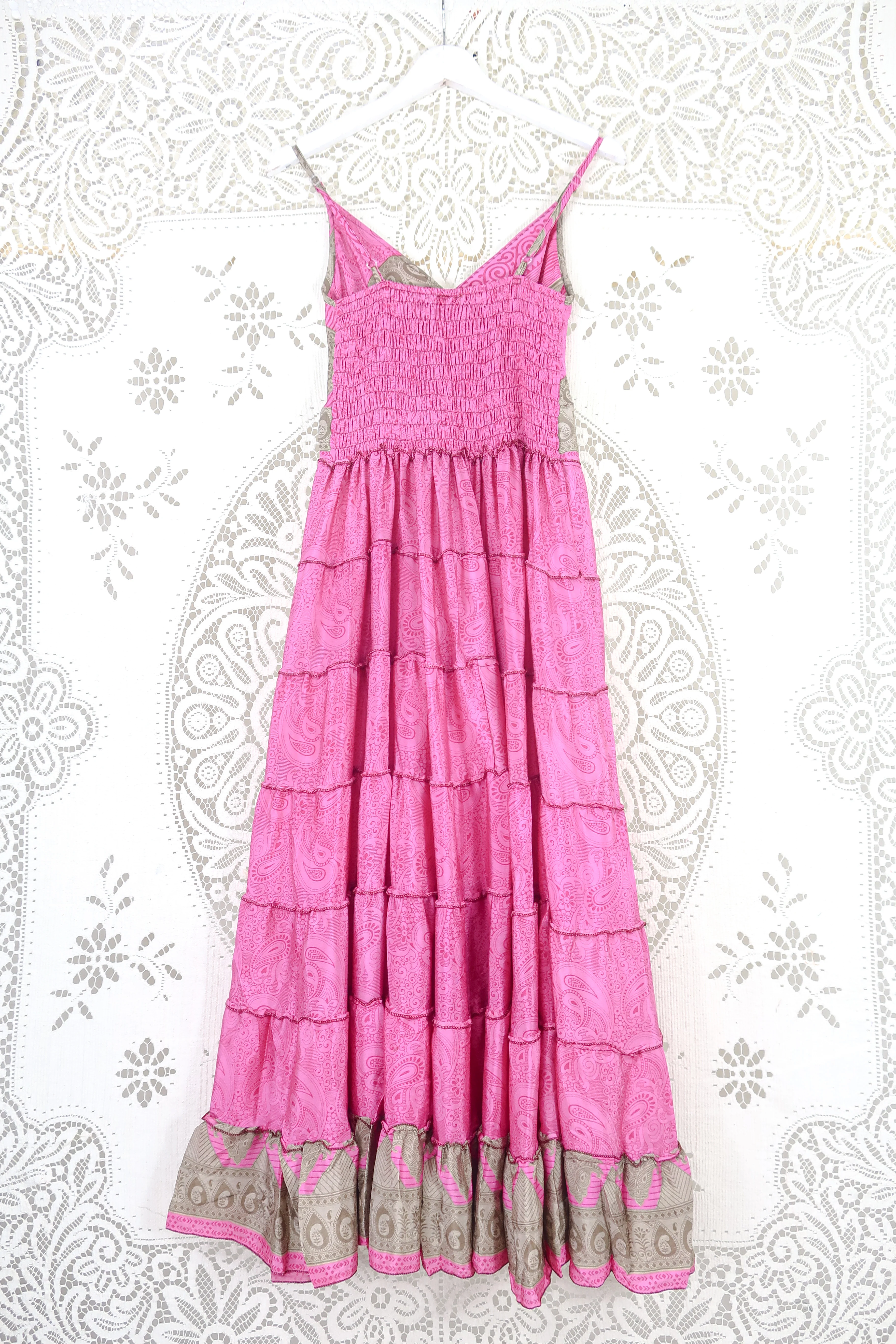 Delilah Maxi Dress - Bright Magenta Pink Paisley - Vintage Sari - Free Size M/L - Image 2