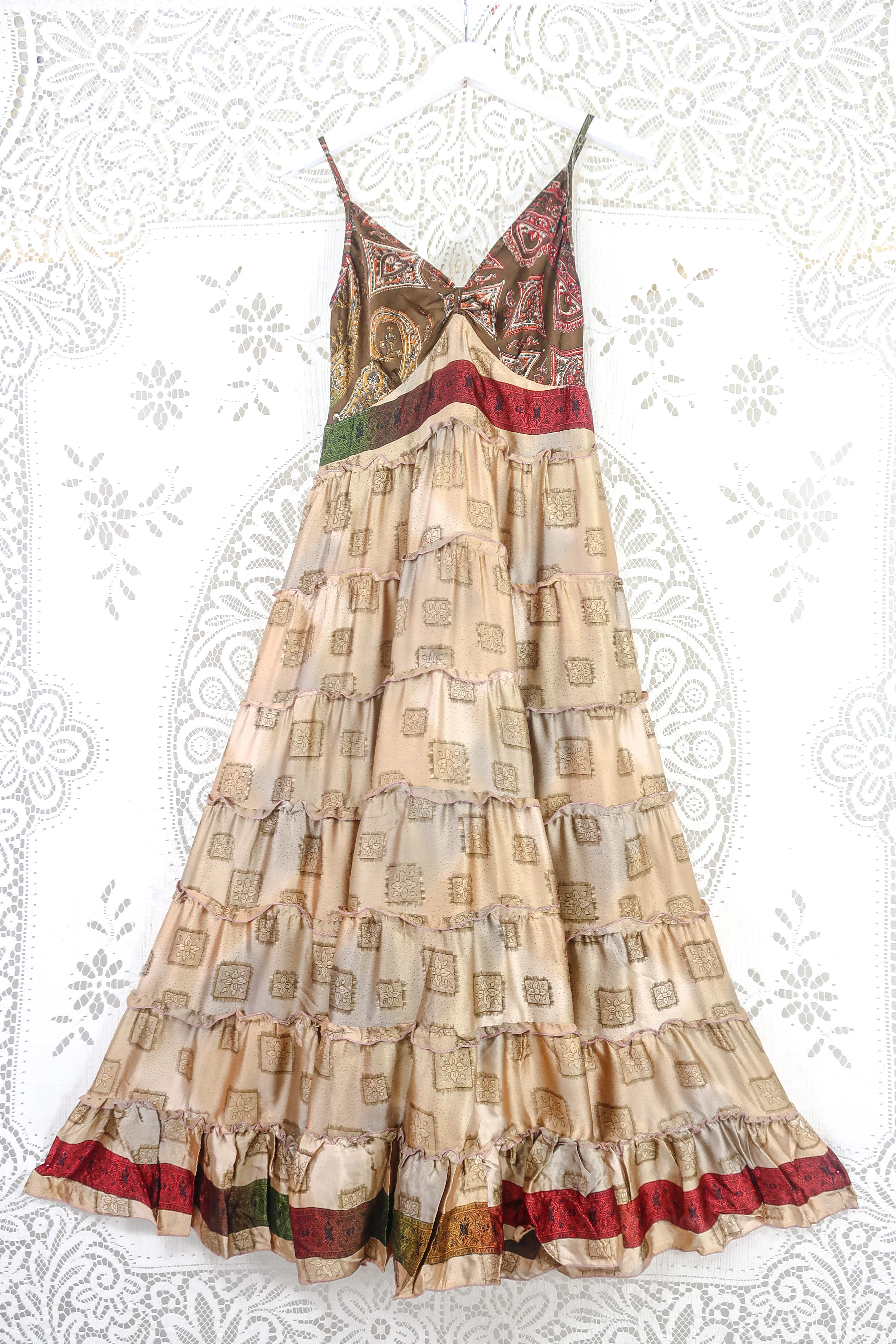 Delilah Maxi Dress - Fawn & Earth Tone Motif - Vintage Sari - Free Size M/L