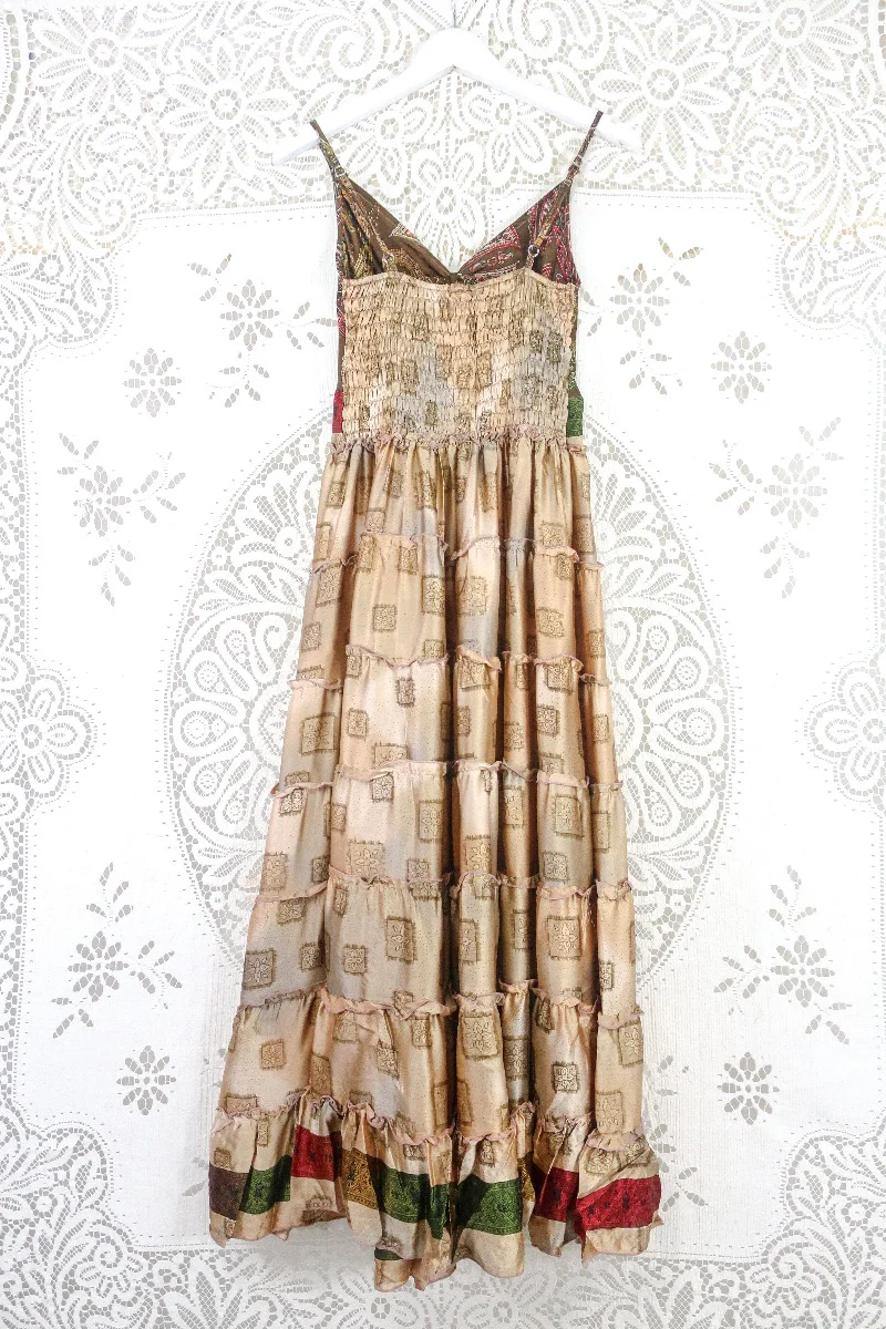 Delilah Maxi Dress - Fawn & Earth Tone Motif - Vintage Sari - Free Size M/L - Image 2