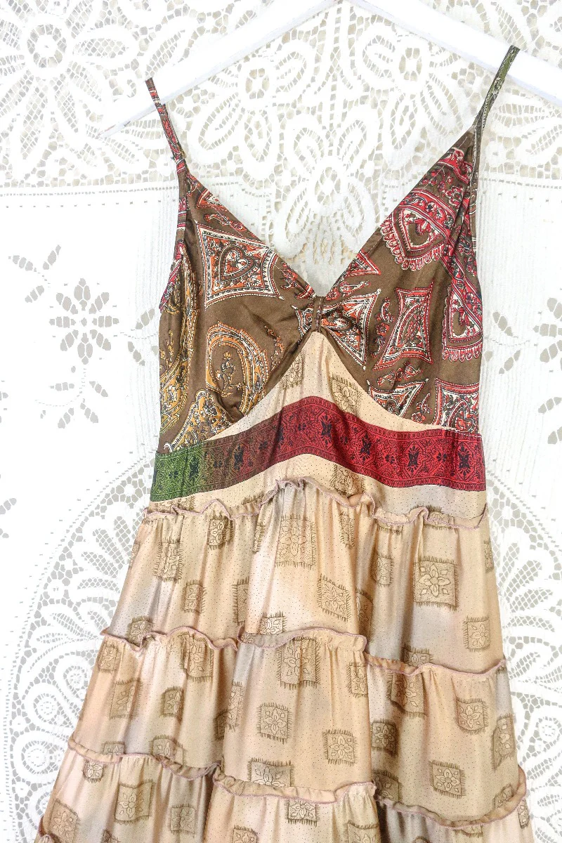 Delilah Maxi Dress - Fawn & Earth Tone Motif - Vintage Sari - Free Size M/L - Image 3