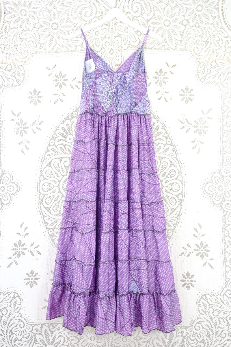 Delilah Maxi Dress - Lilac & Lavender Geometric Print - Vintage Sari - Free Size M/L - Image 2