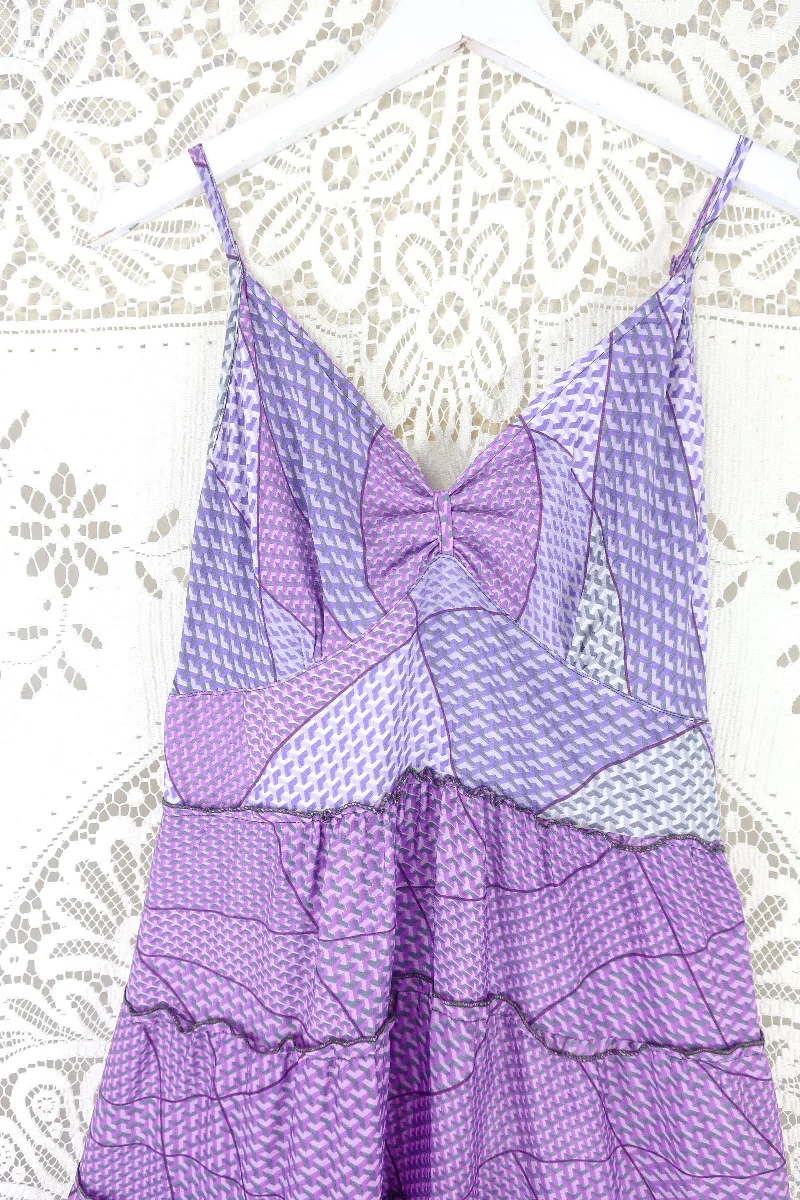 Delilah Maxi Dress - Lilac & Lavender Geometric Print - Vintage Sari - Free Size M/L - Image 3