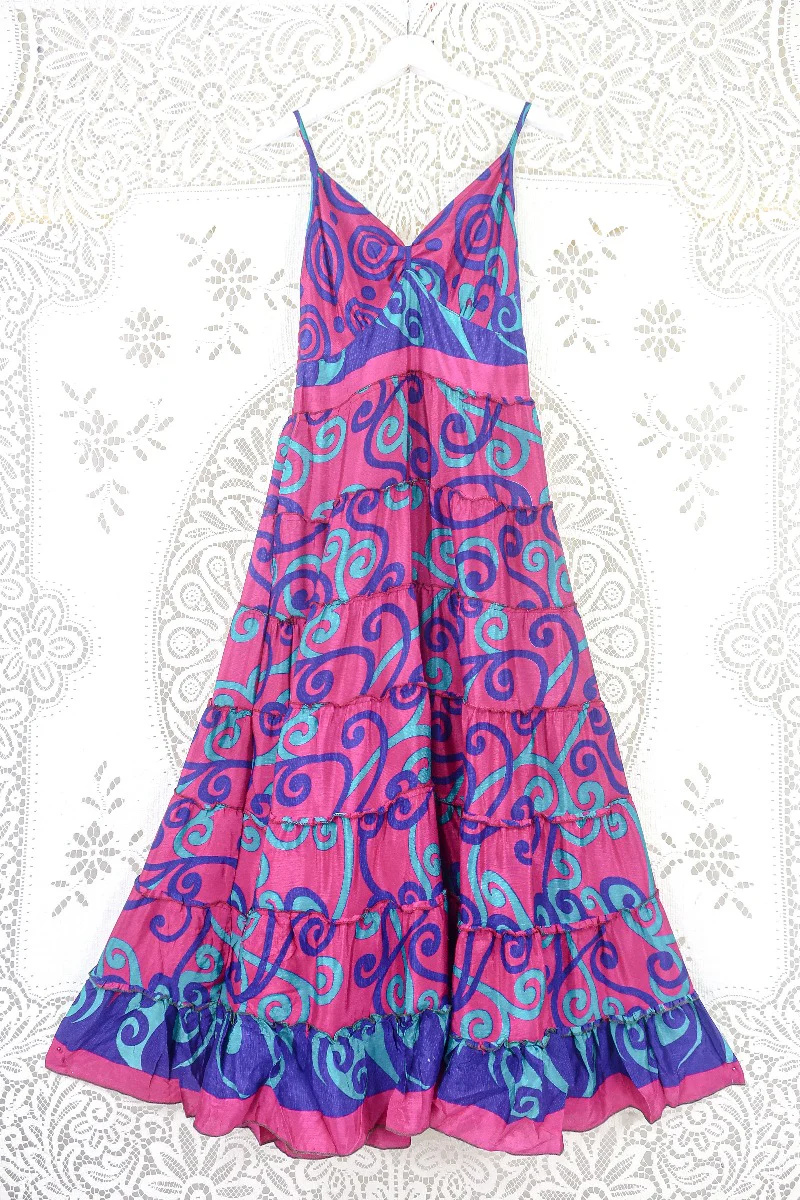 Delilah Maxi Dress - Magenta Pink, Plum & Jade Swirl - Vintage Sari - Free Size M/L