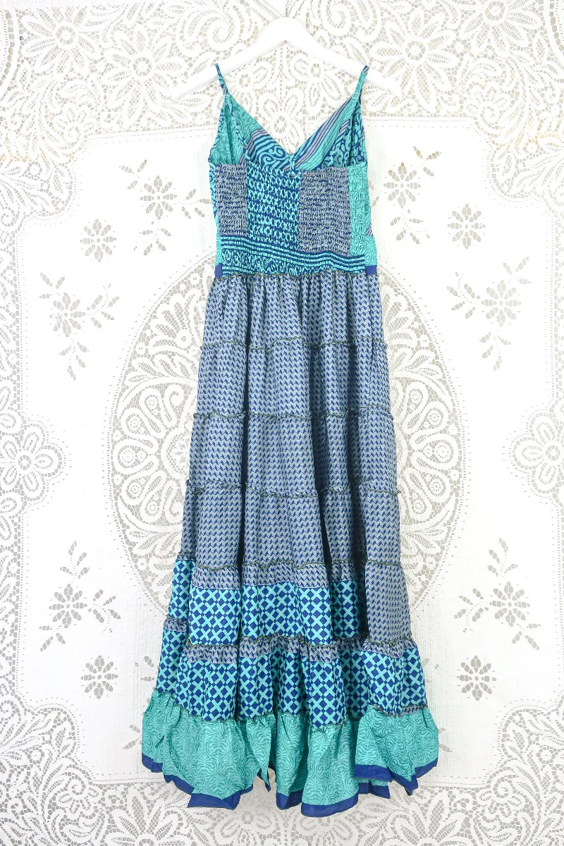 Delilah Maxi Dress - Spectral Grey & Turquoise Illusion - Vintage Sari - Free Size M/L - Image 2