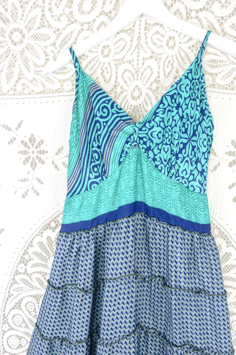 Delilah Maxi Dress - Spectral Grey & Turquoise Illusion - Vintage Sari - Free Size M/L - Image 3