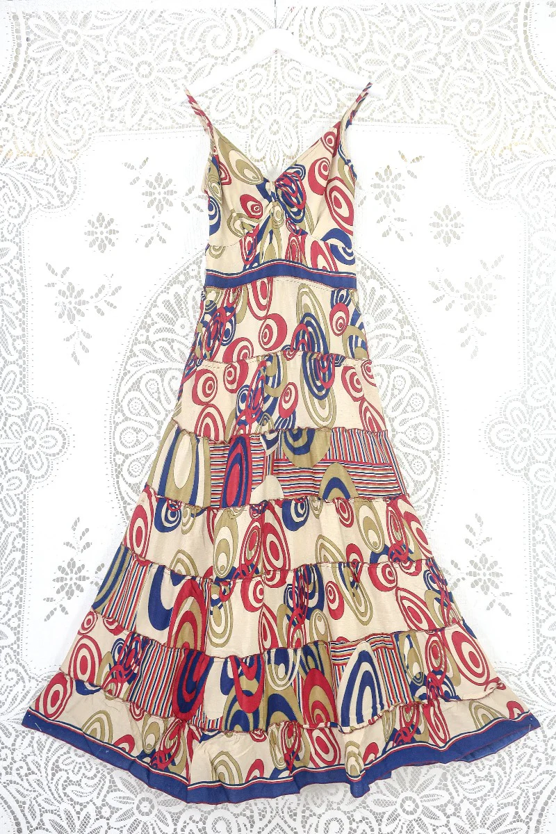 Delilah Maxi Dress - Beige with a Bold Graphic Print - Vintage Sari - Free Size M/L