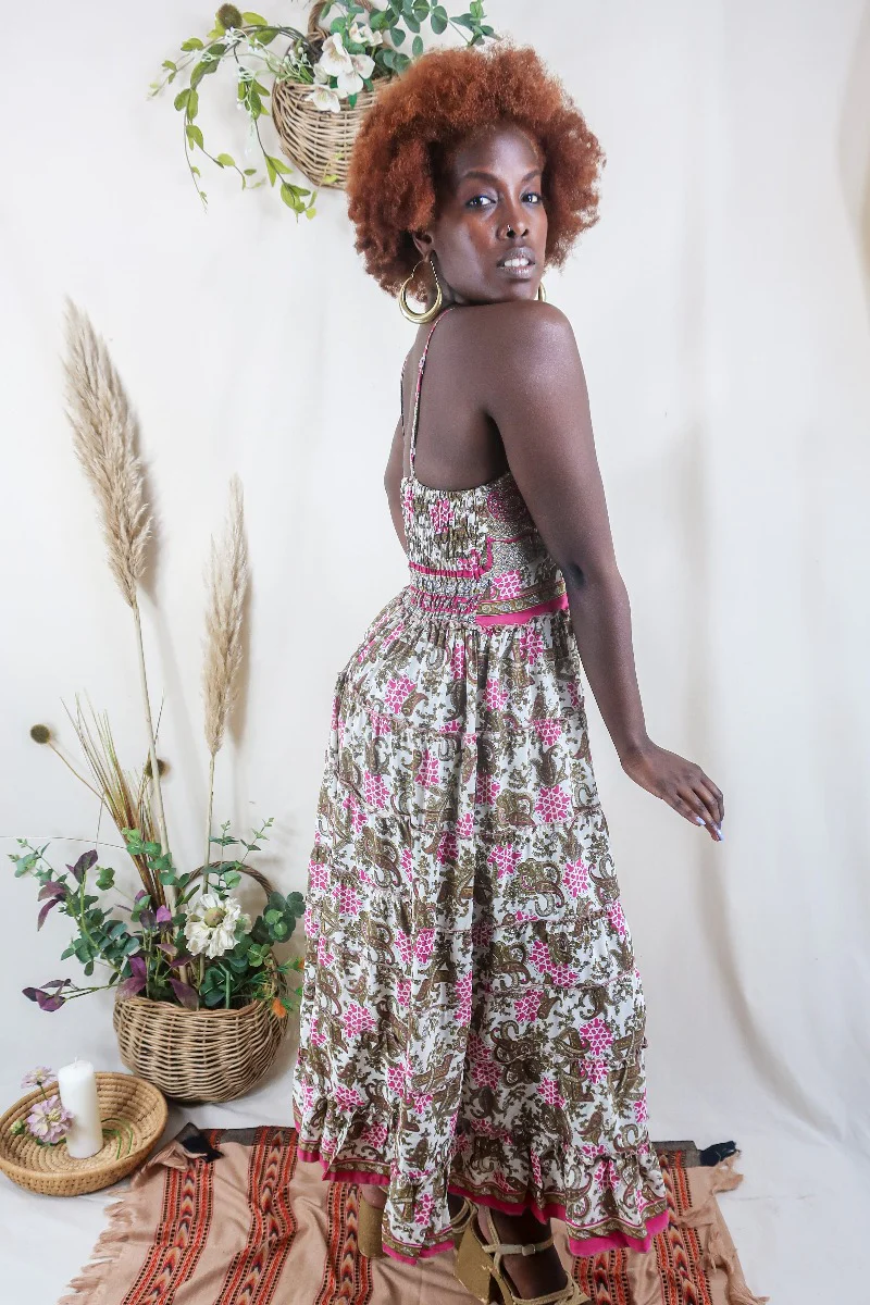 Delilah Maxi Dress - Gold & Pink Baroque Paisley - Vintage Sari - Free Size S/M - Image 3