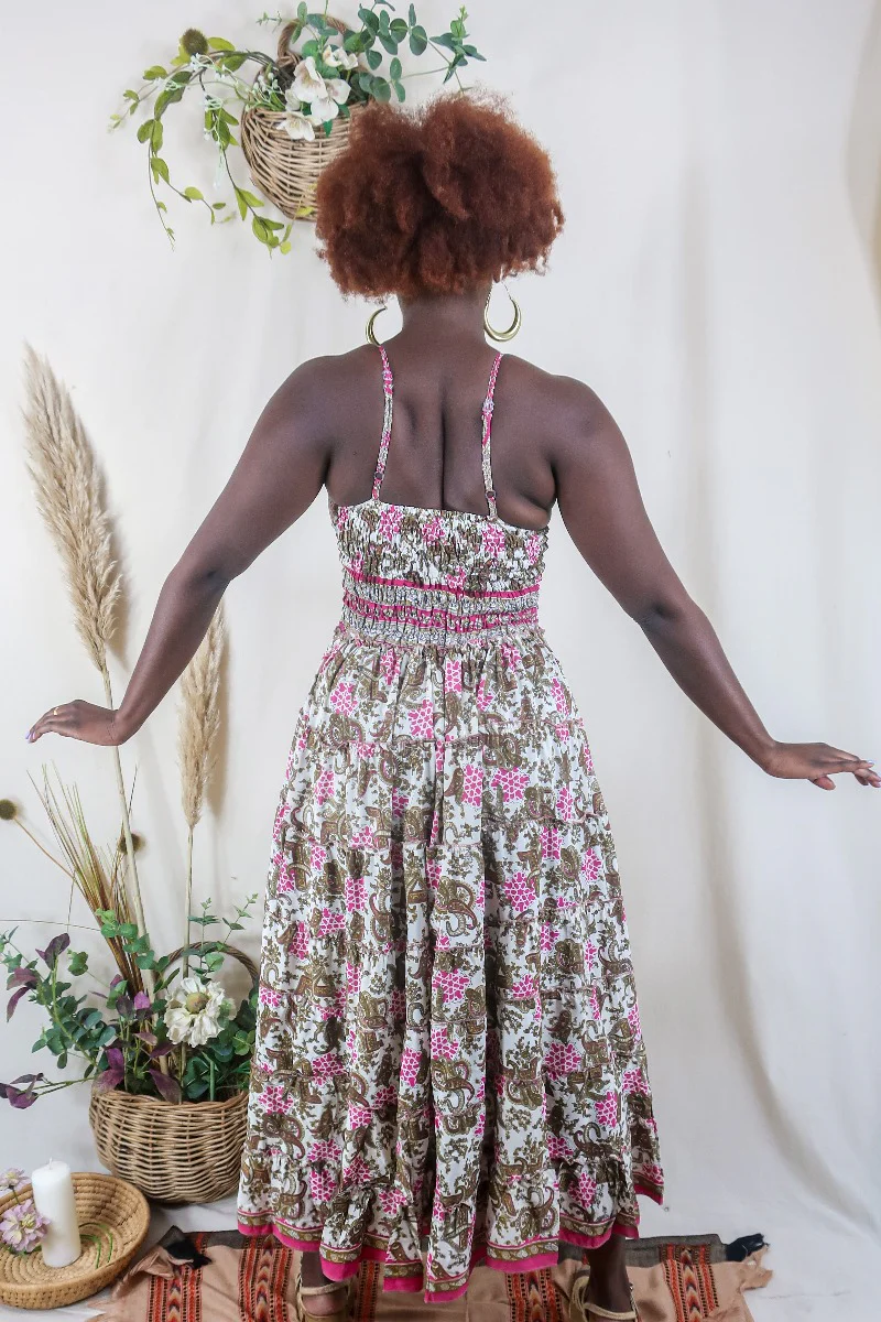 Delilah Maxi Dress - Gold & Pink Baroque Paisley - Vintage Sari - Free Size S/M - Image 5