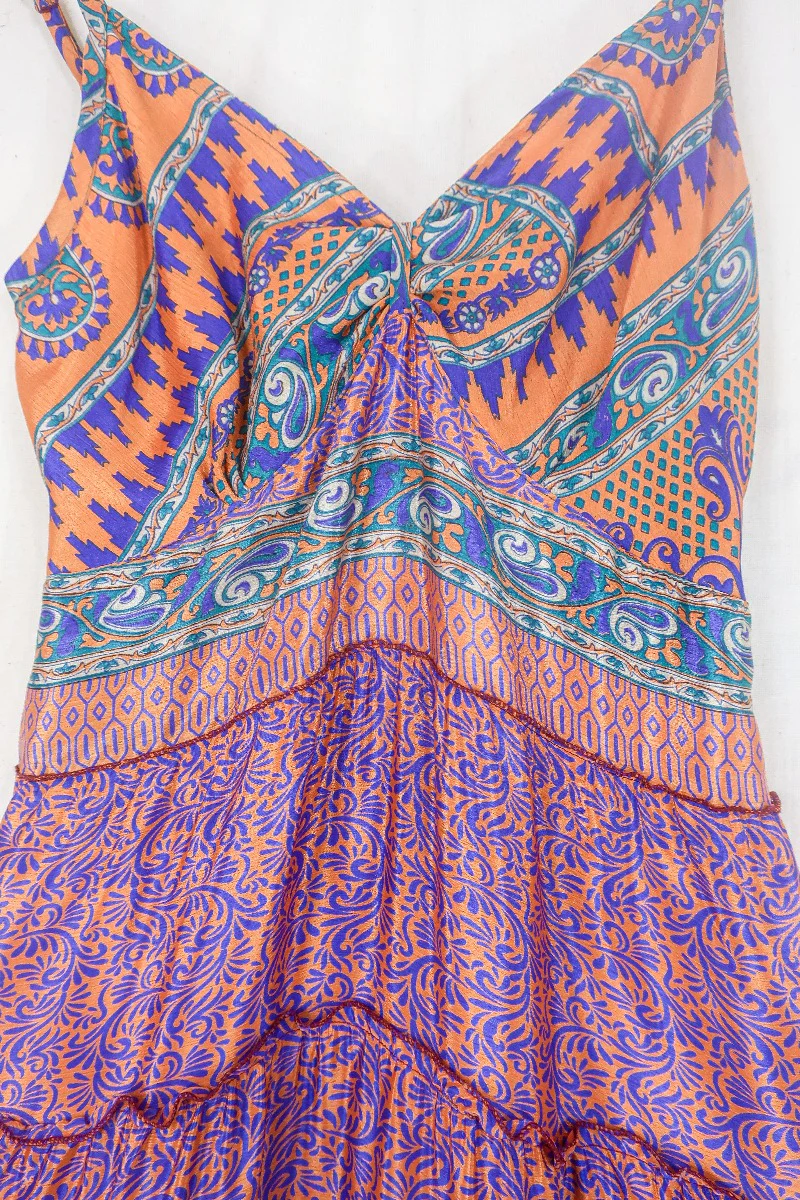 Delilah Maxi Dress - Rust Orange & Indigo - Vintage Sari - Free Size L - Image 2