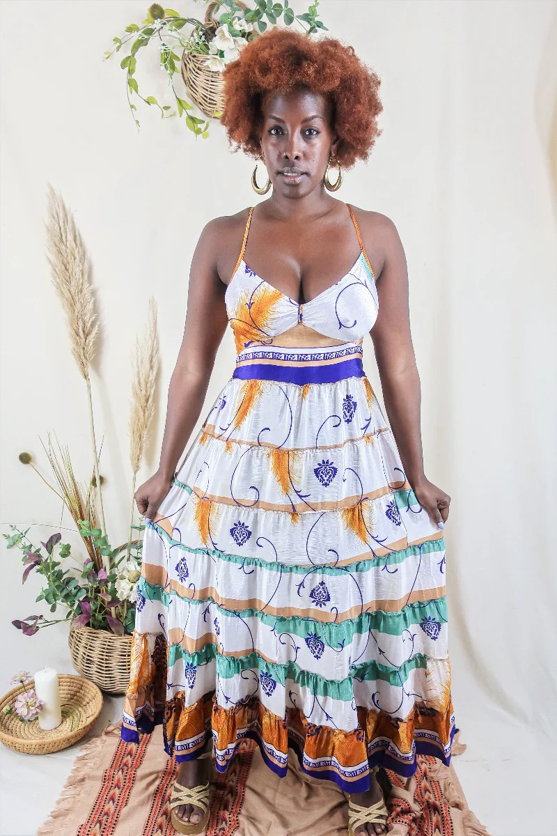 Delilah Maxi Dress - Salt White & Amber Feathers - Vintage Sari - Free Size M/L - Image 3