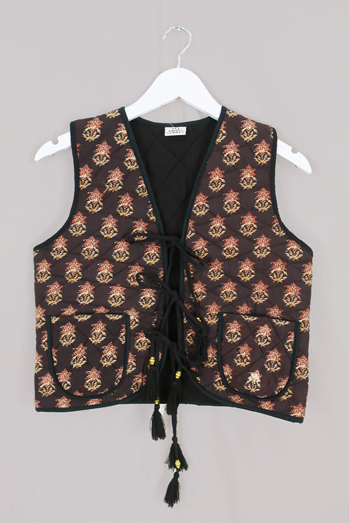 Dixie Quilted Waistcoat Top in Saddle Brown Block Print Floral - Image 2