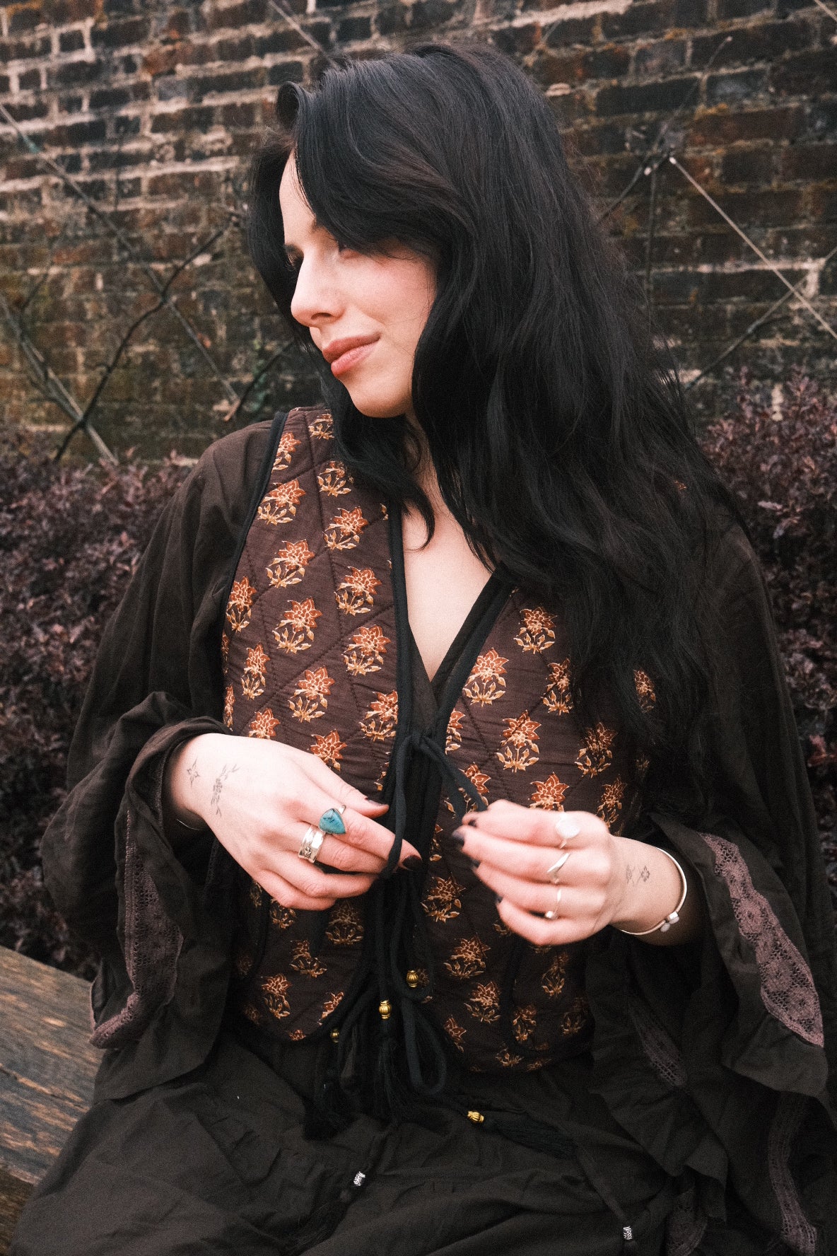 Dixie Quilted Waistcoat Top in Saddle Brown Block Print Floral - Image 3