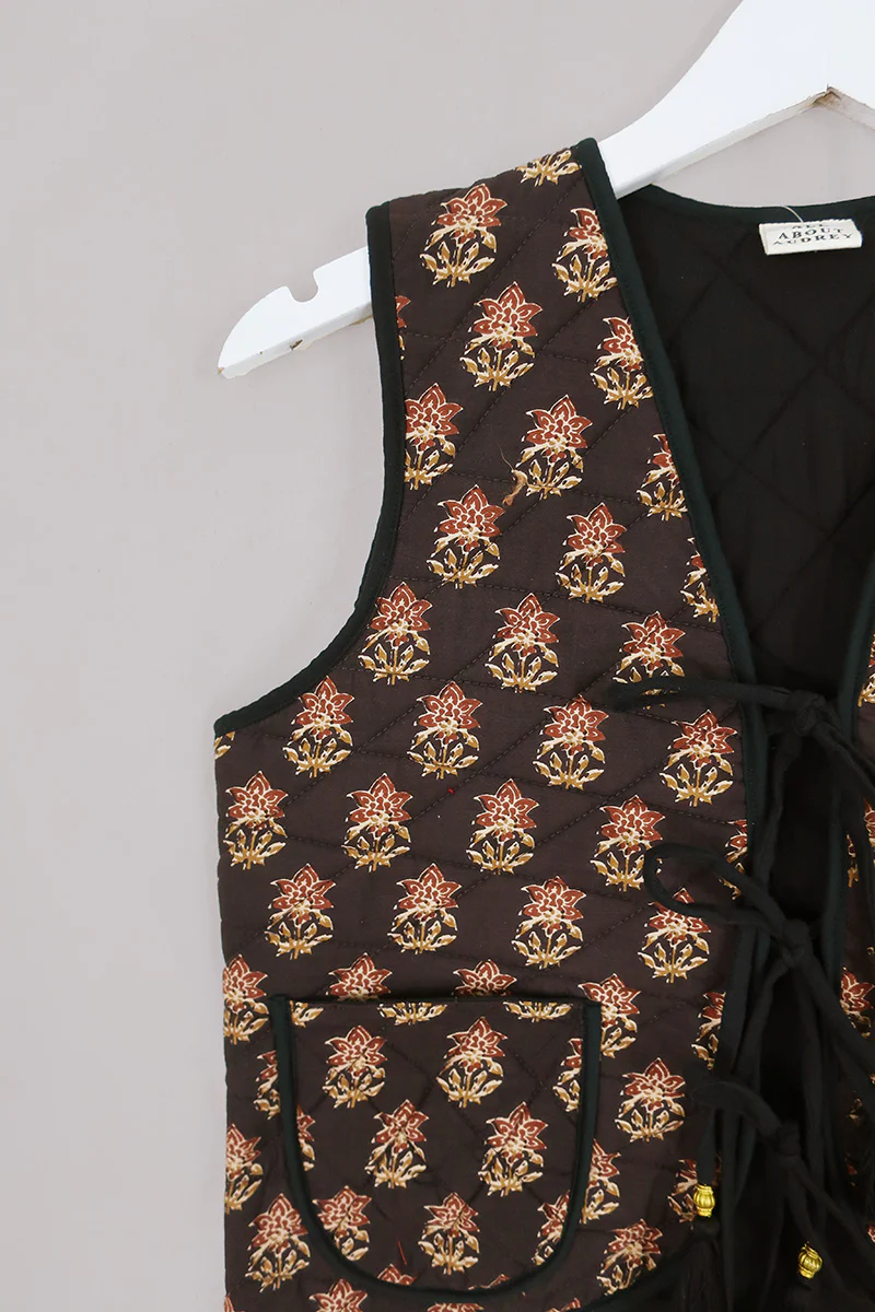 Dixie Quilted Waistcoat Top in Saddle Brown Block Print Floral - Image 4