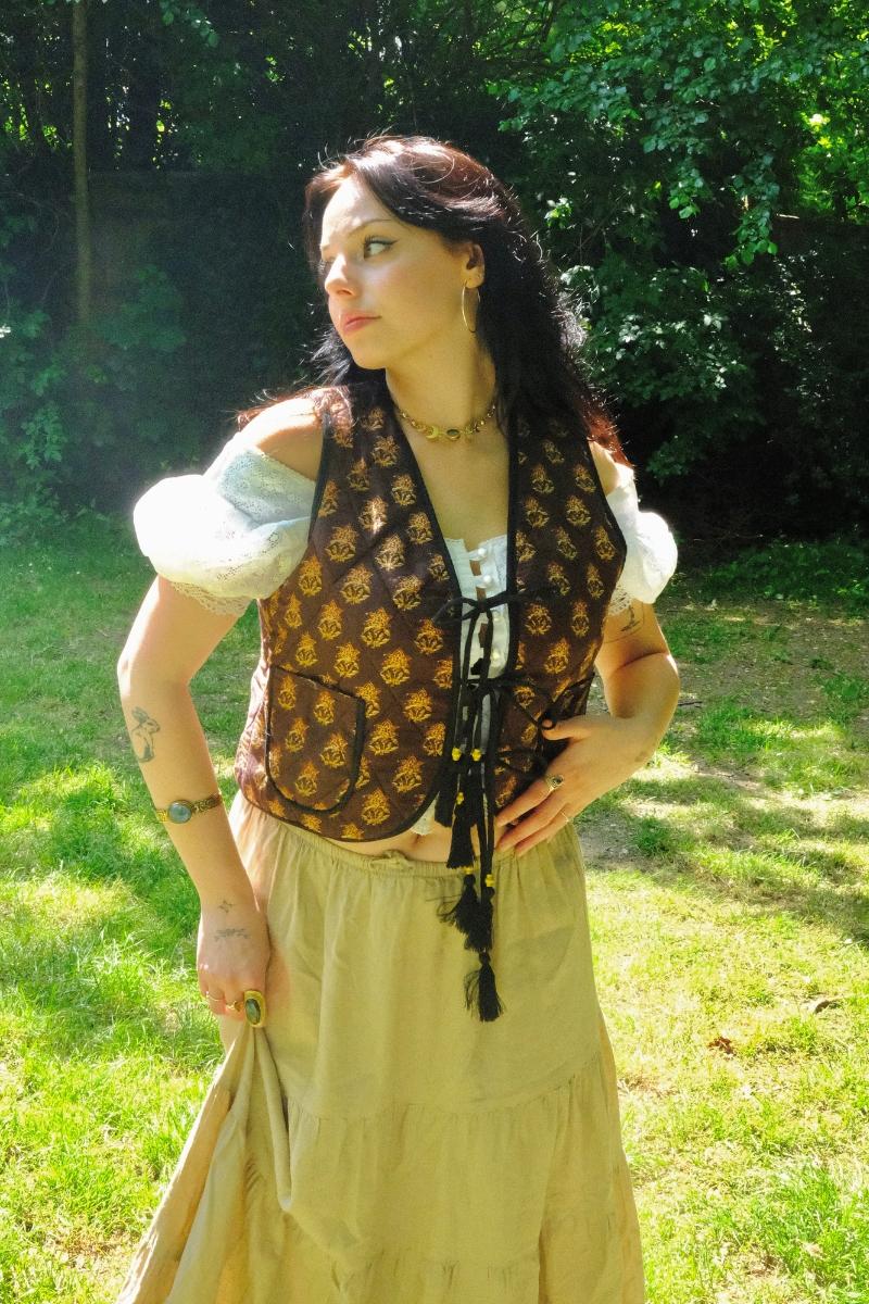 Dixie Quilted Waistcoat Top in Saddle Brown Block Print Floral - Image 5