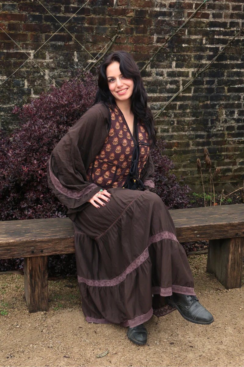 Dixie Quilted Waistcoat Top in Saddle Brown Block Print Floral - Image 7
