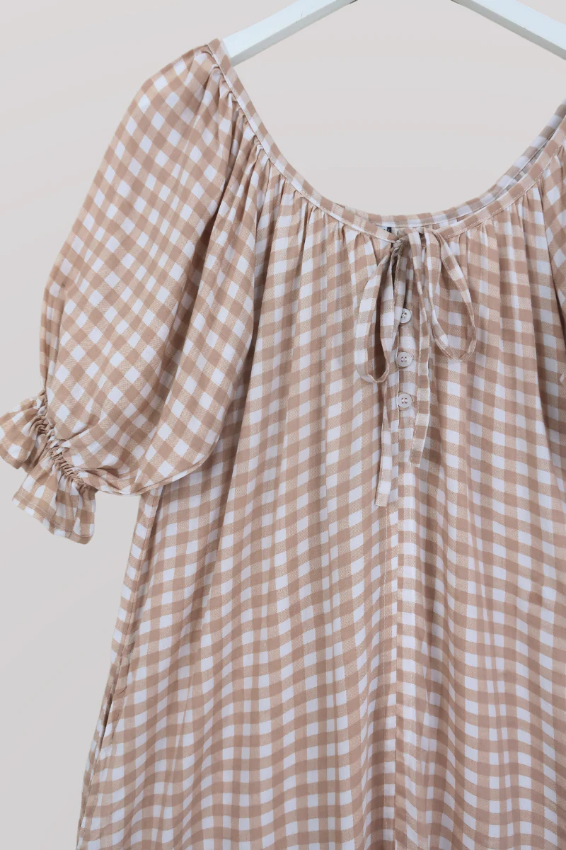 Dolly Mini Dress in Biscuit Brown Gingham - Image 3