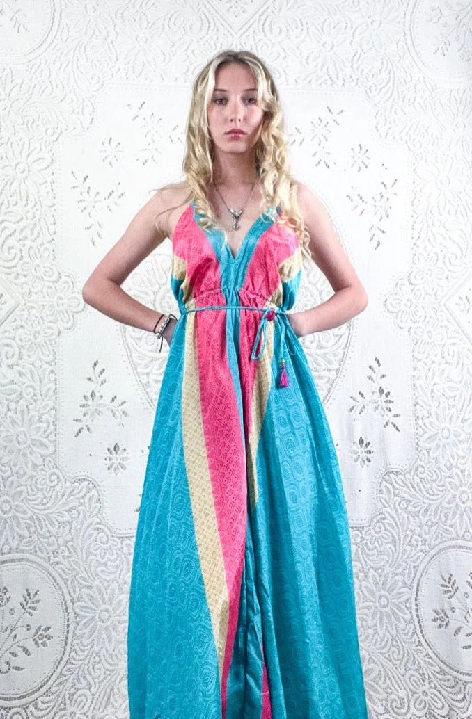 Eden Halter Maxi Dress - Vintage Sari - Aquamarine Paisley Waves - Free Size M/L
