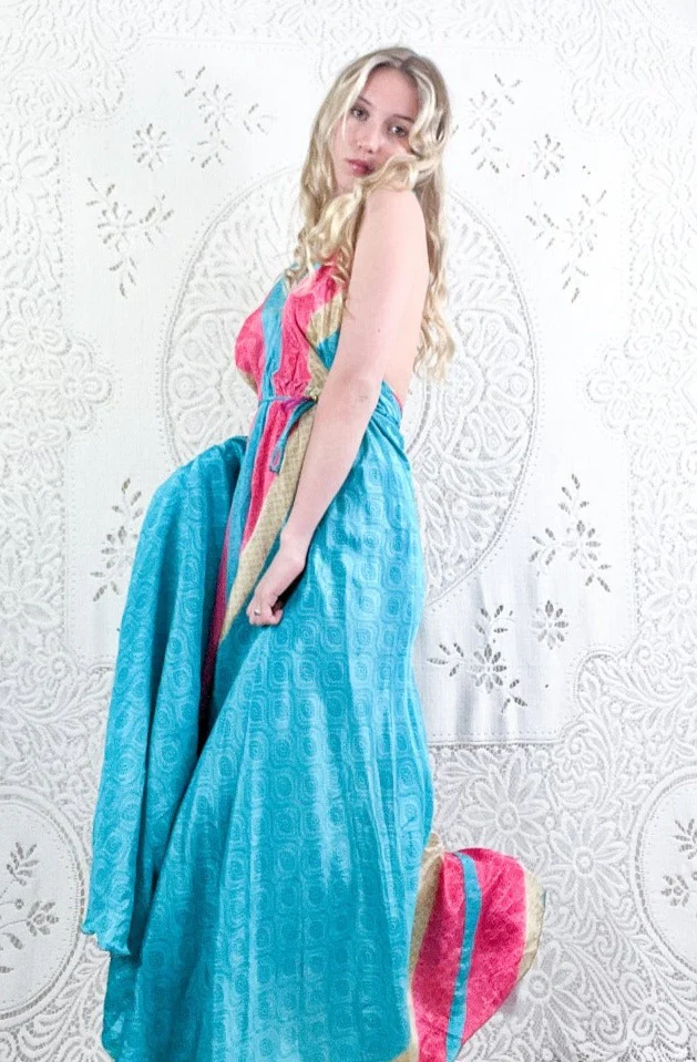 Eden Halter Maxi Dress - Vintage Sari - Aquamarine Paisley Waves - Free Size M/L - Image 3