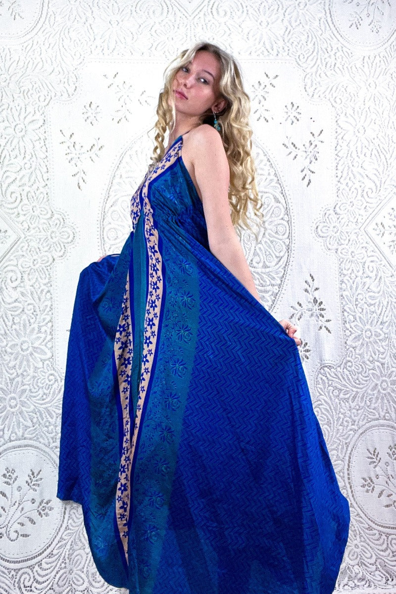Eden Halter Maxi Dress - Vintage Sari - Dark Blue & Champagne Daisies - Free Size S/M - Image 2