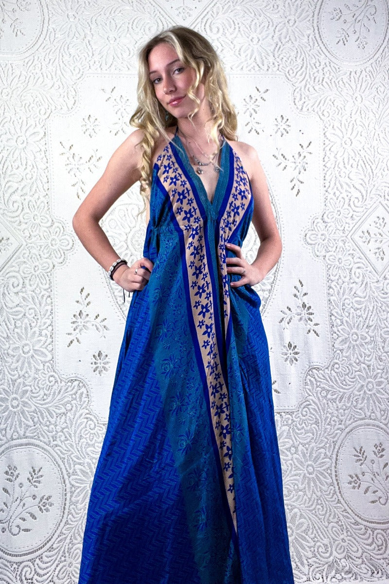 Eden Halter Maxi Dress - Vintage Sari - Dark Blue & Champagne Daisies - Free Size S/M - Image 3