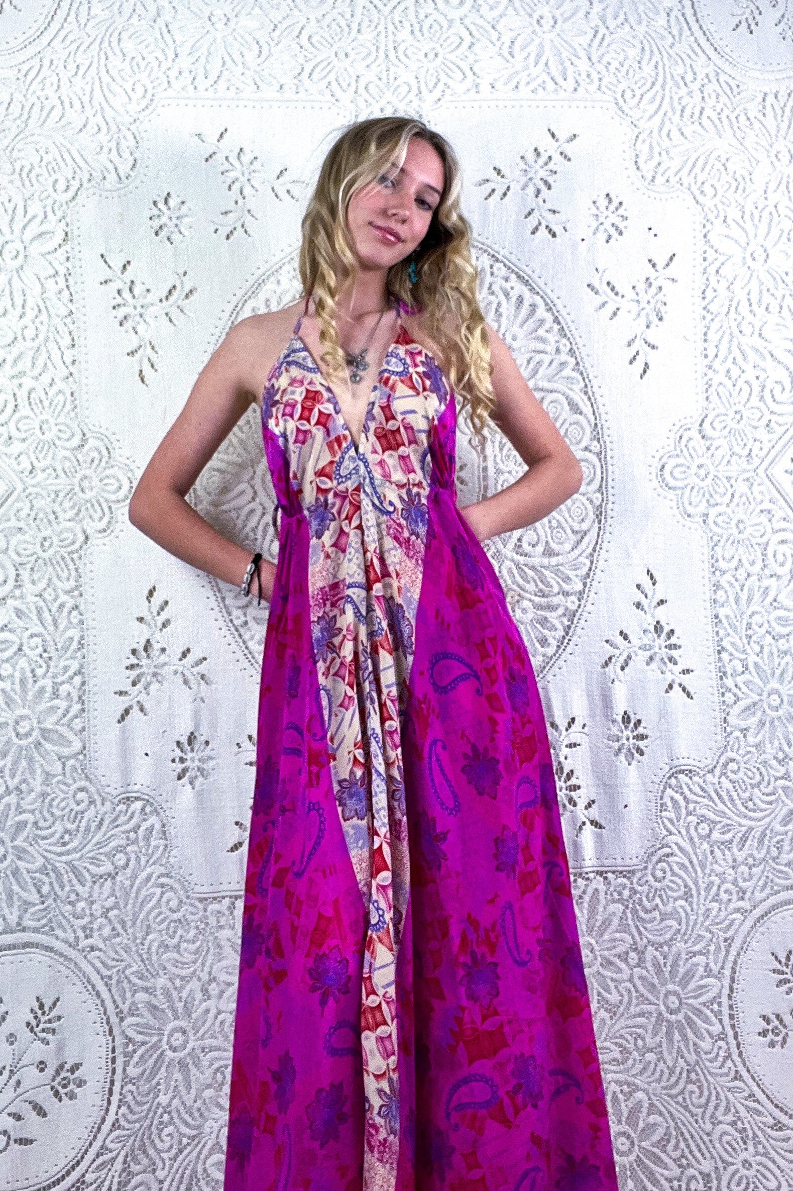 Eden Halter Maxi Dress - Vintage Sari - Psychedelic Fuchsia Paisley - Free Size S/M - Image 4