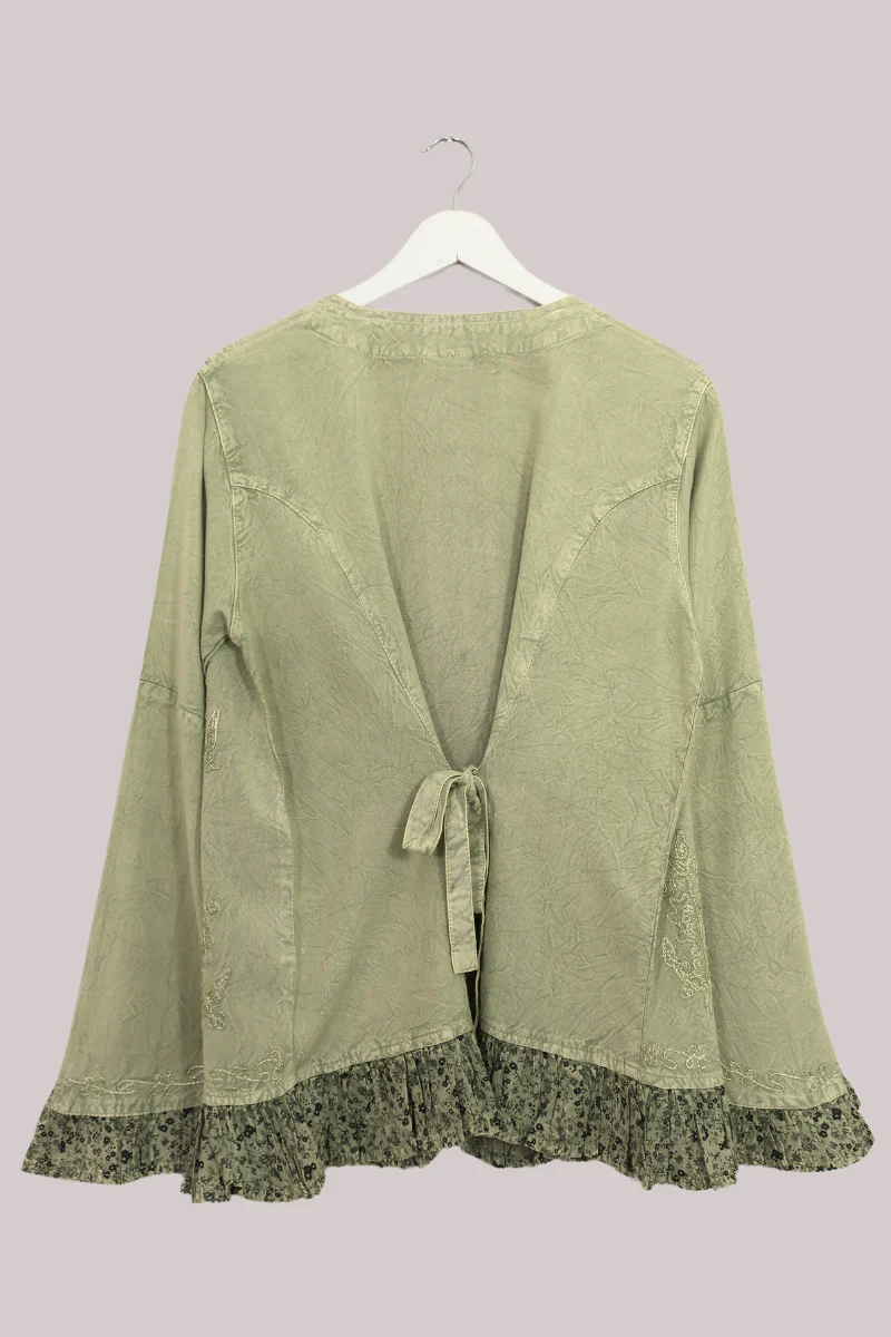 Embroidered Frill Sleeve Blouse in Dusty Sage - Free Size - Image 3