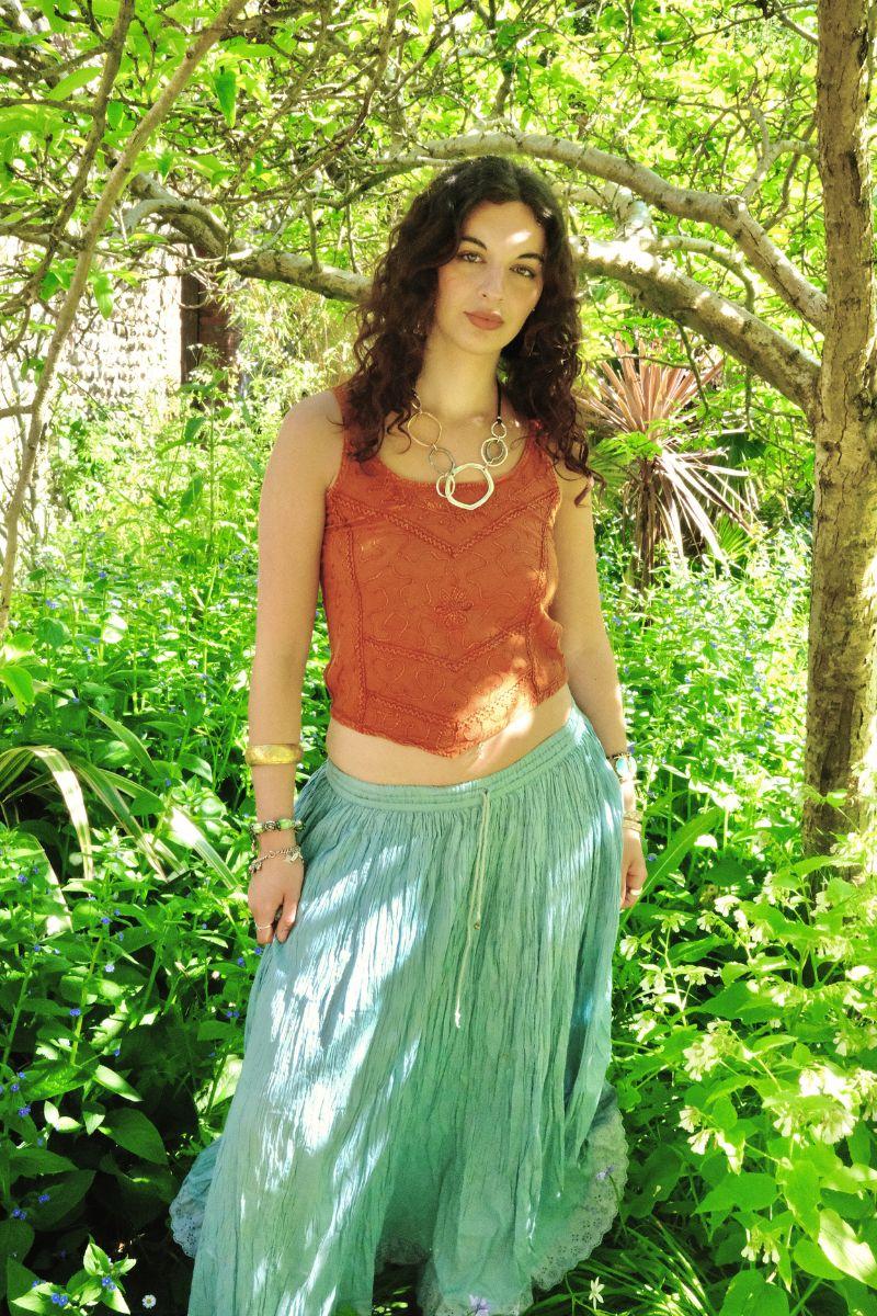 Embroidered Handkerchief Top in Burnt Orange - Free Size - Image 3
