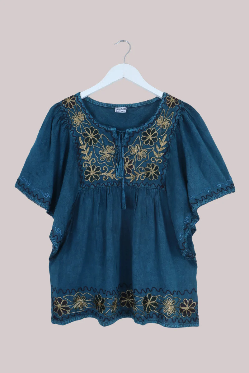 Embroidered Tunic Smock Top in Deep Sea Teal - Free Size - Image 2