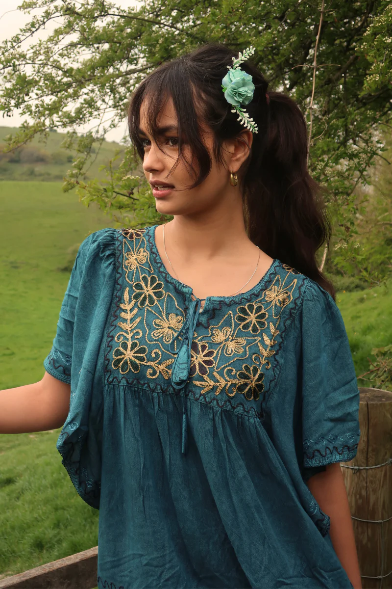 Embroidered Tunic Smock Top in Deep Sea Teal - Free Size - Image 3