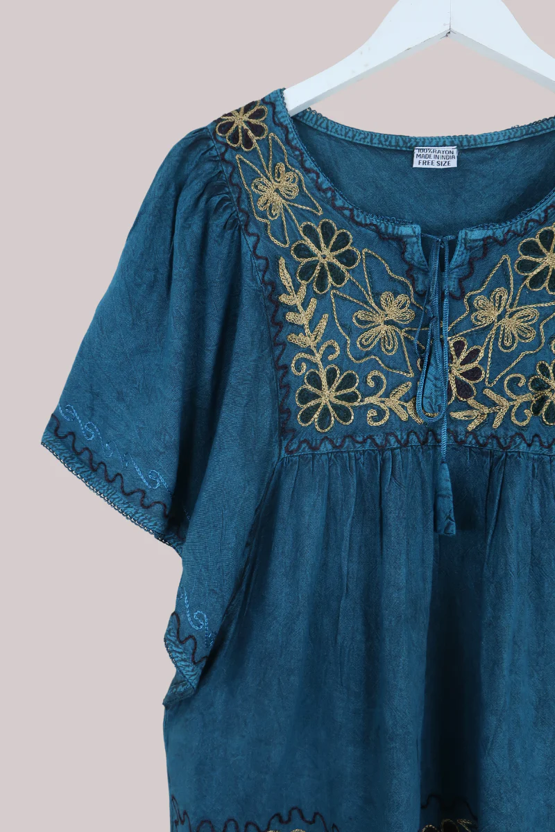 Embroidered Tunic Smock Top in Deep Sea Teal - Free Size - Image 4