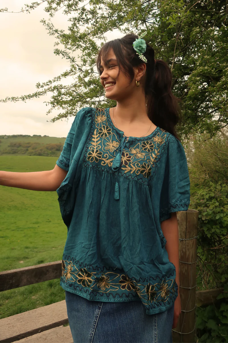 Embroidered Tunic Smock Top in Deep Sea Teal - Free Size - Image 5