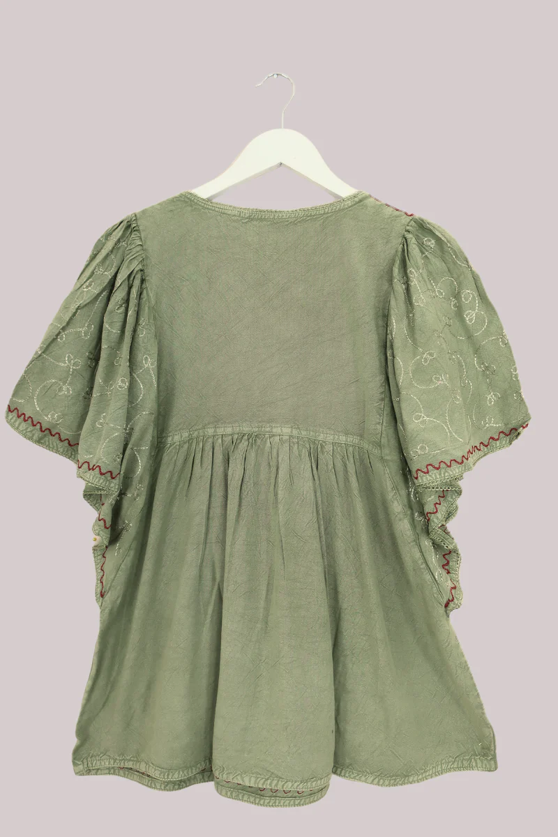 Embroidered Tunic Smock Top in Dusty Sage - Free Size - Image 5