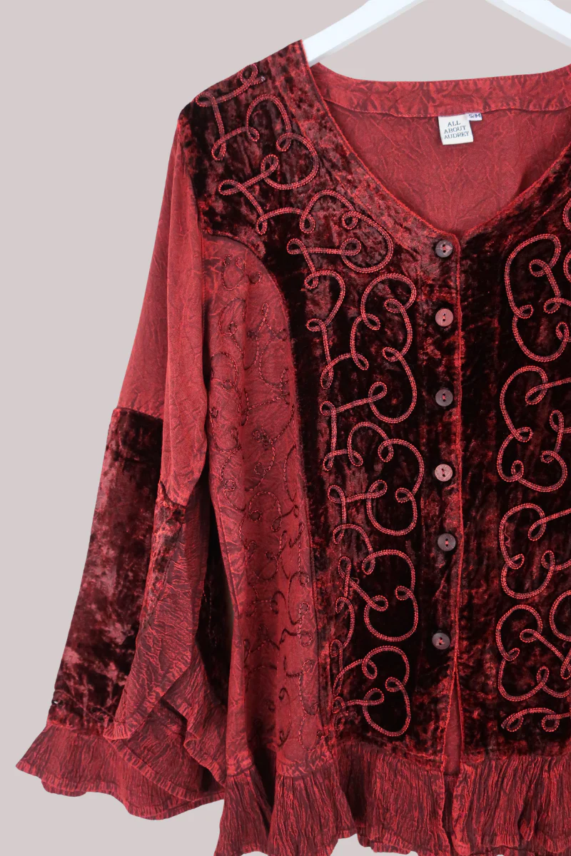 Embroidered Velvet Frill Sleeve Blouse in Crimson Red - Image 4