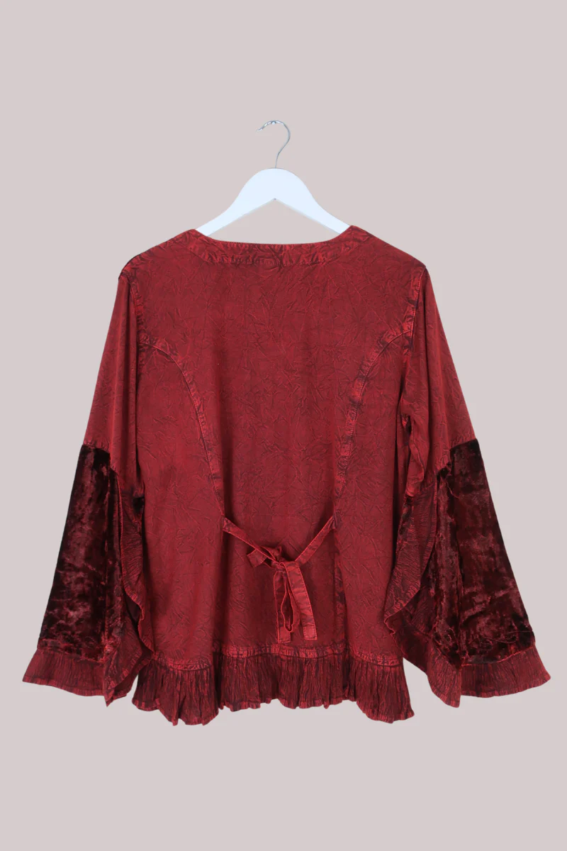 Embroidered Velvet Frill Sleeve Blouse in Crimson Red - Image 6