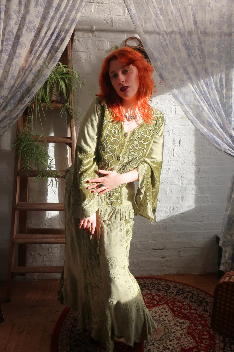 Embroidered Velvet Frill Sleeve Blouse in Dusty Sage - Image 4
