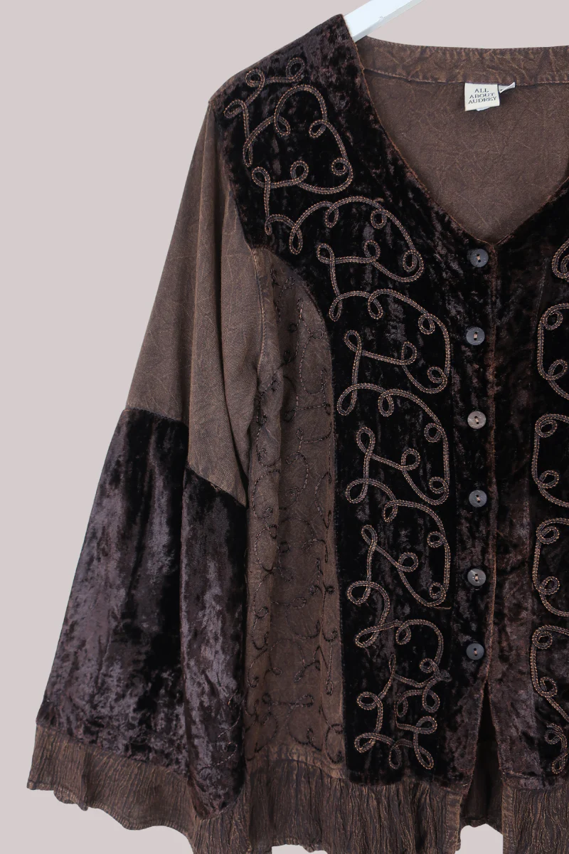 Embroidered Velvet Frill Sleeve Blouse in Hazelnut Brown - Image 3