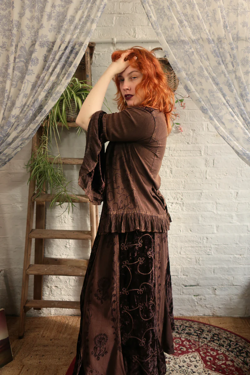 Embroidered Velvet Frill Sleeve Blouse in Hazelnut Brown - Image 4