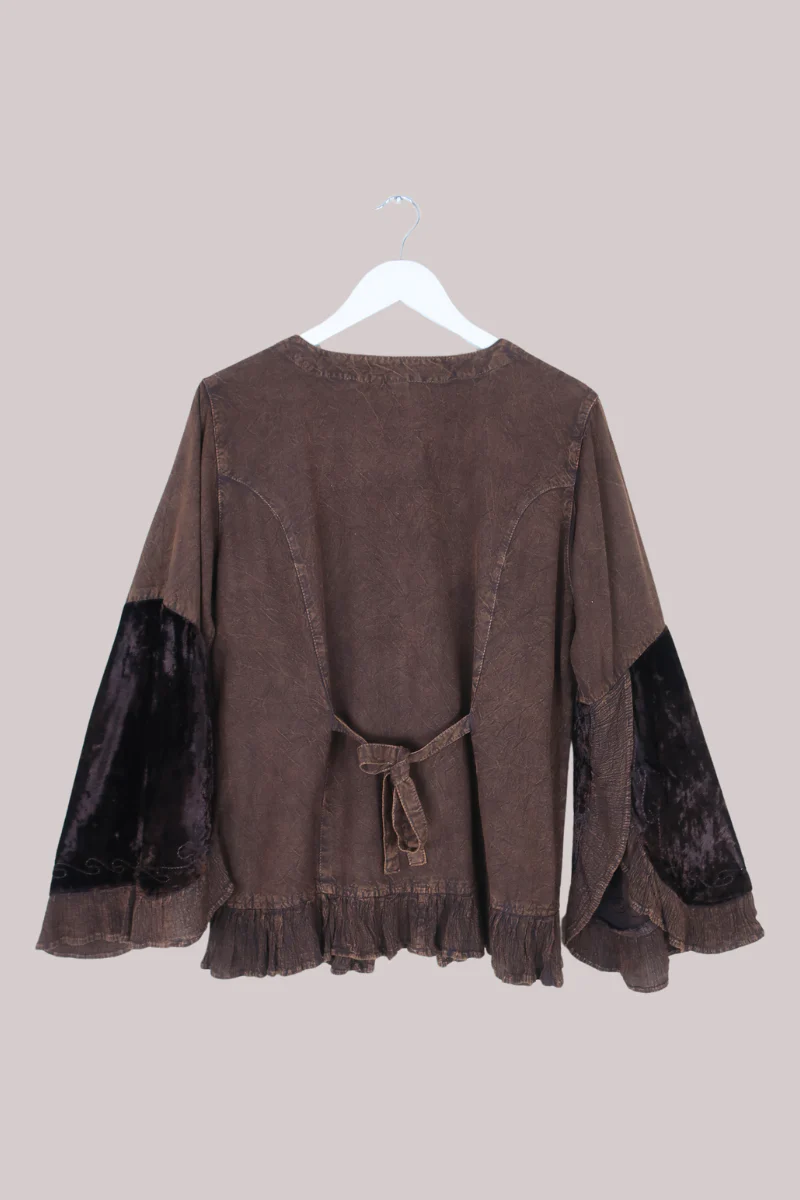 Embroidered Velvet Frill Sleeve Blouse in Hazelnut Brown - Image 5