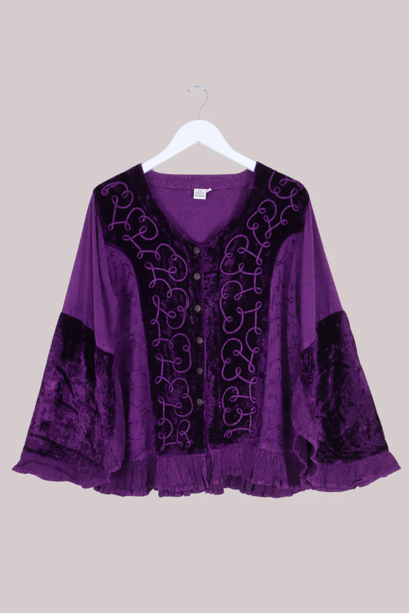 Embroidered Velvet Frill Sleeve Blouse in Jewelled Violet - Image 2