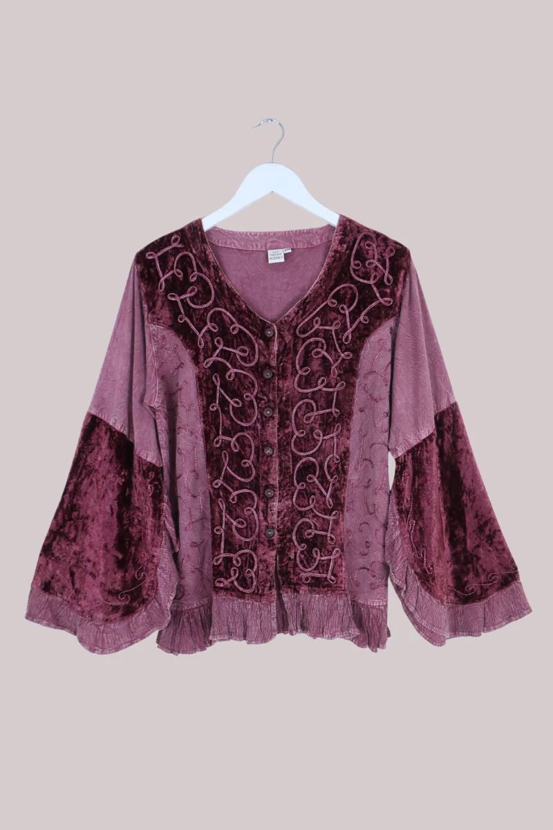 Embroidered Velvet Frill Sleeve Blouse in Midnight Mauve - Image 2