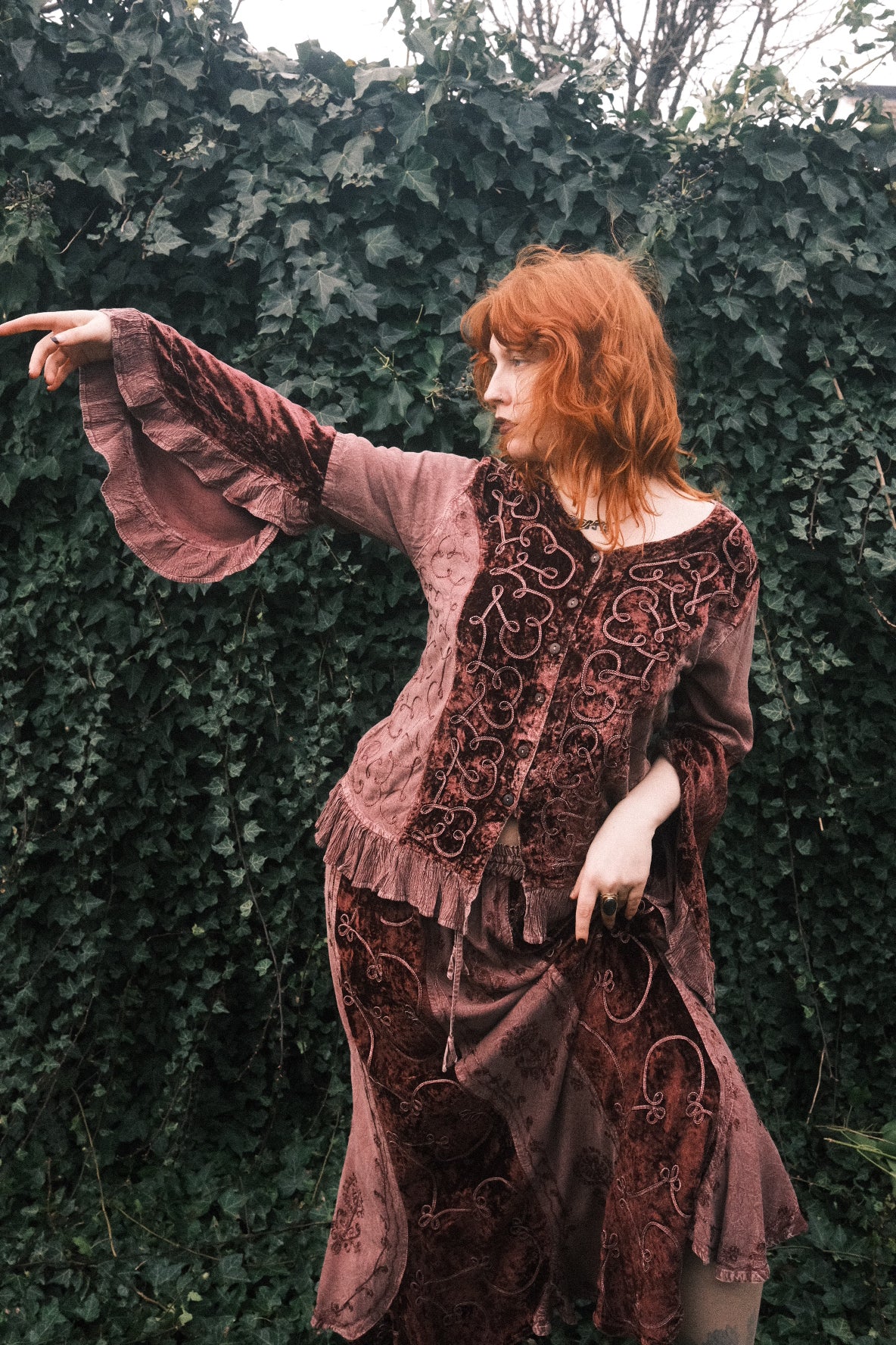 Embroidered Velvet Frill Sleeve Blouse in Midnight Mauve - Image 3