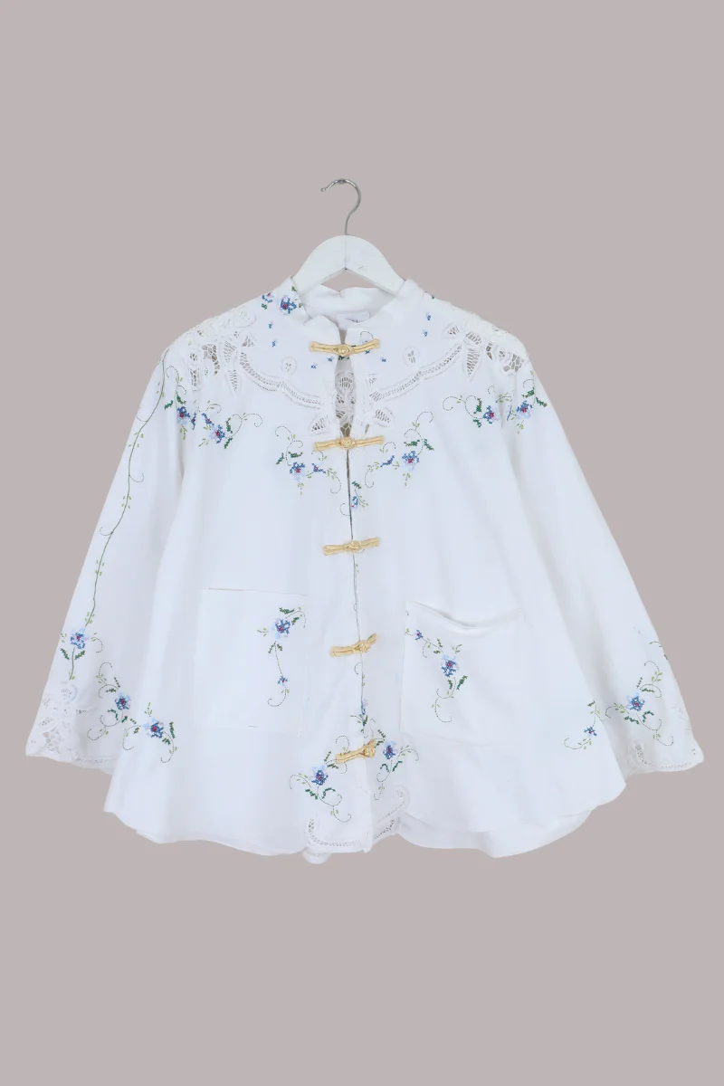 Emmeline Vintage Tablecloth Jacket in Forget-Me-Not Cross Stitch