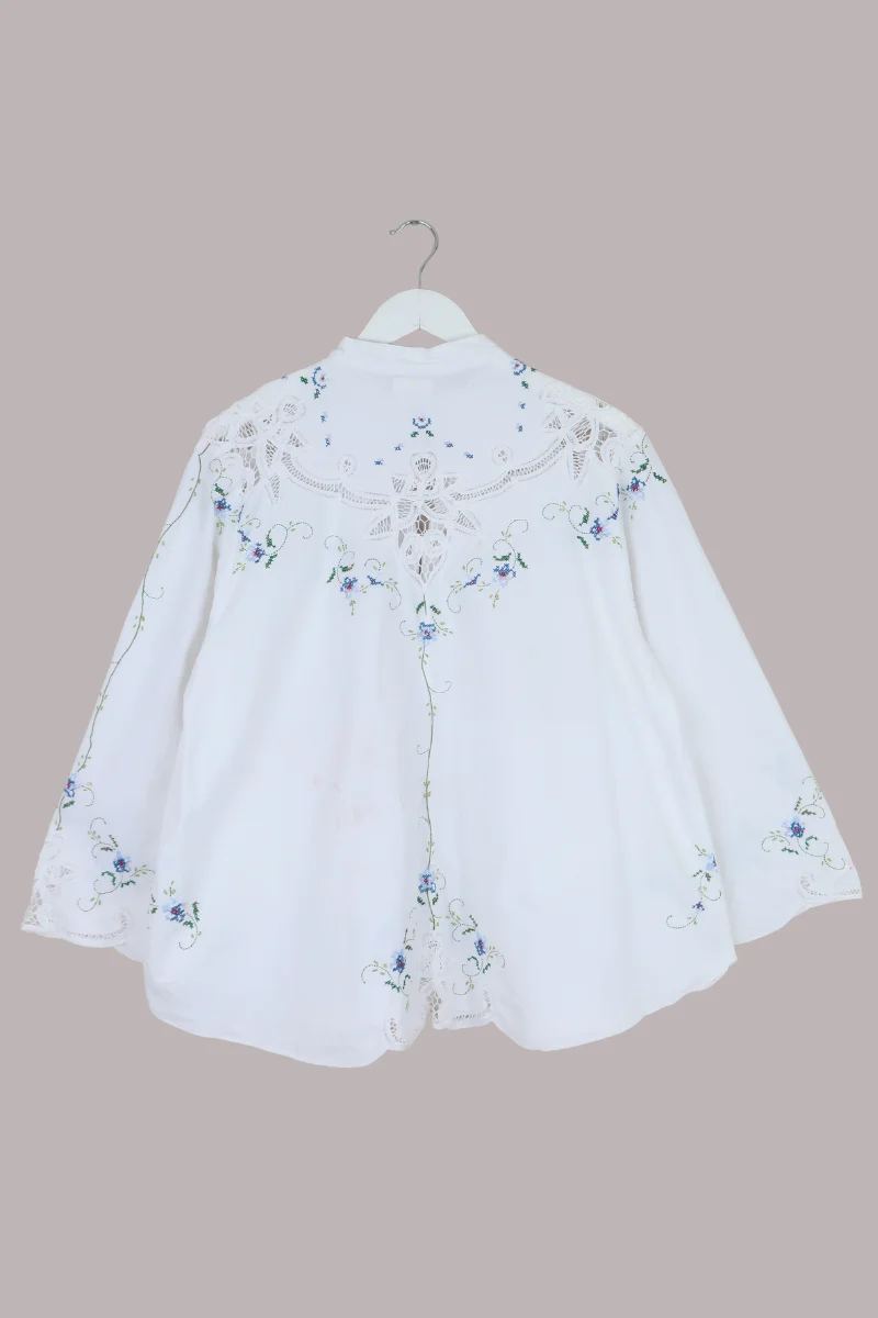 Emmeline Vintage Tablecloth Jacket in Forget-Me-Not Cross Stitch - Image 3