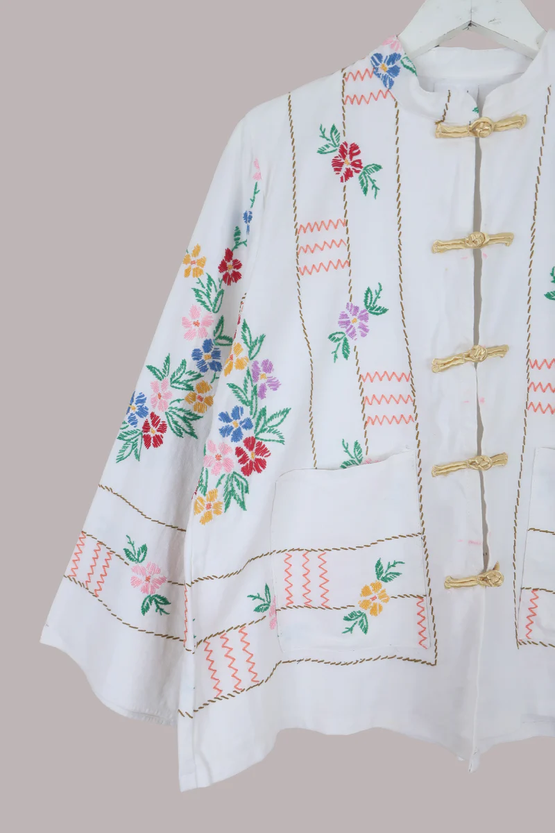 Emmeline Vintage Tablecloth Jacket in Paintbox Daisies - Image 2