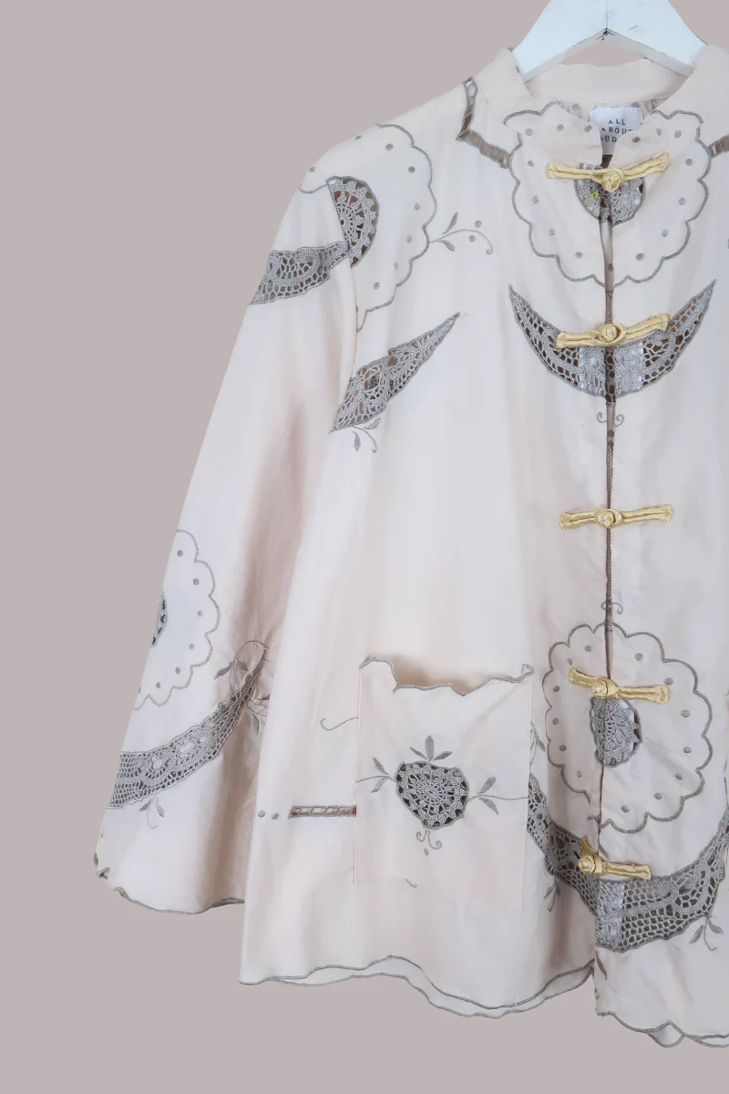 Emmeline Vintage Tablecloth Jacket in Taupe Sunflowers - Image 2