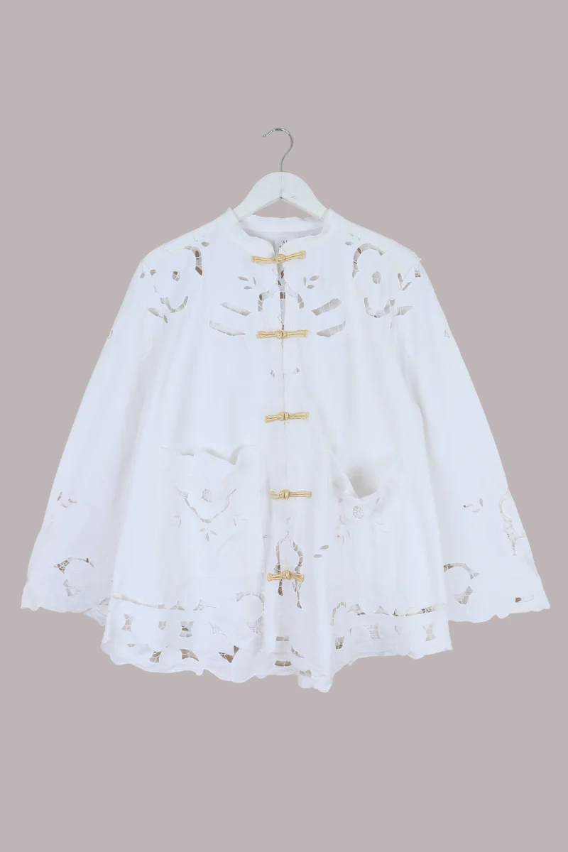 Emmeline Vintage Tablecloth Jacket in White Camelia